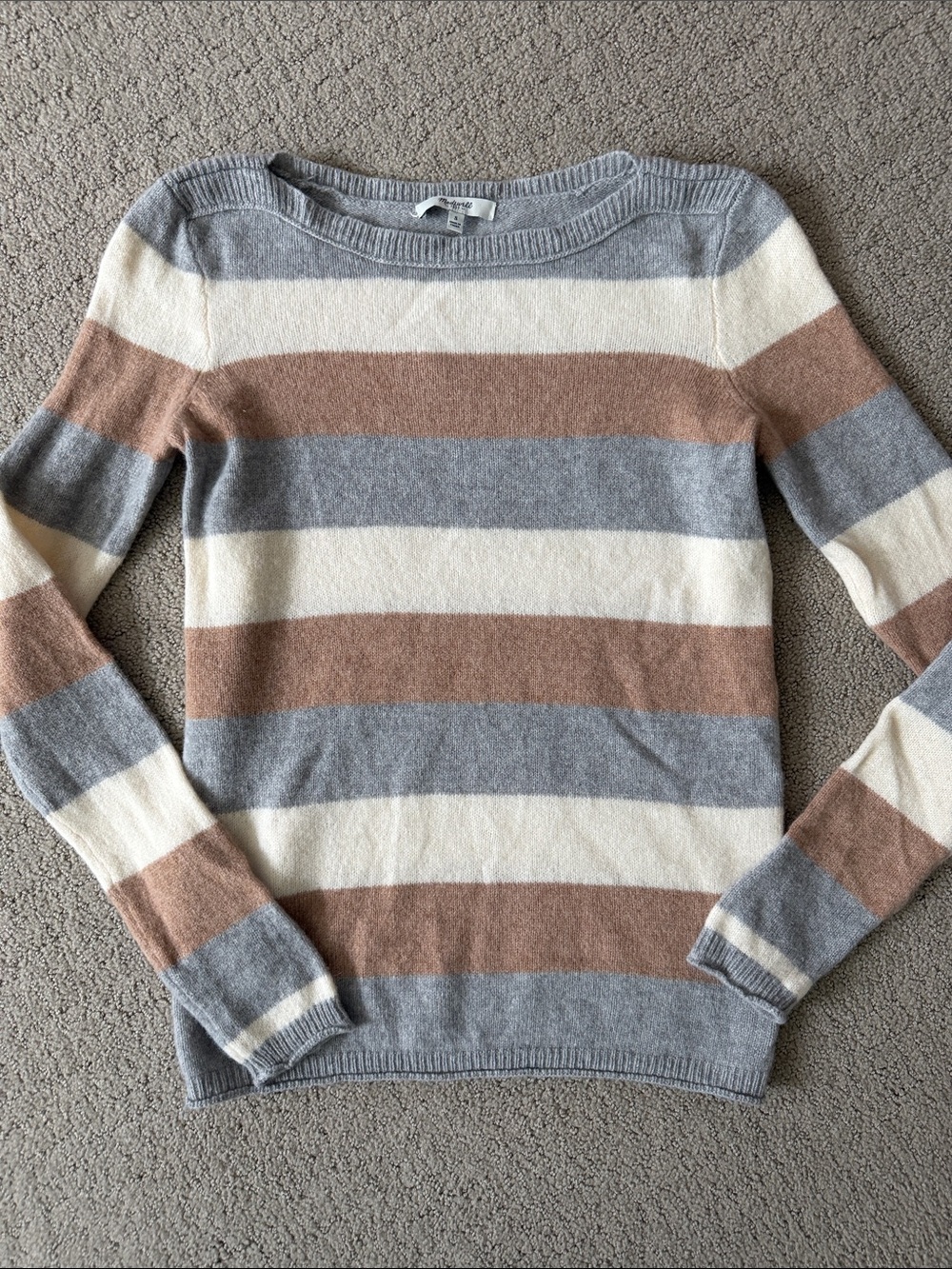 Madewell Striped Crewneck Sweater in Gray, Cream & Tan